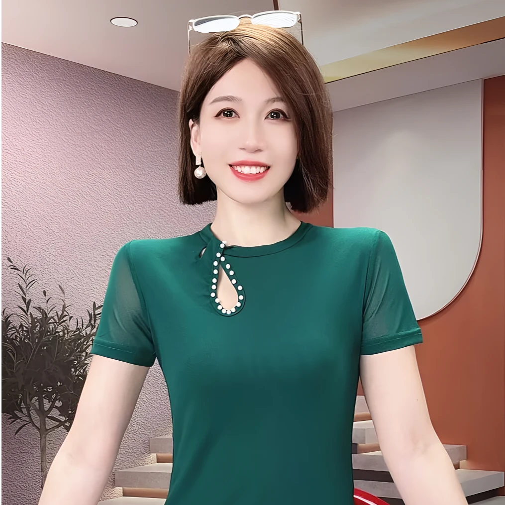 绿色港风女装夏季修身内搭短袖T恤网纱上衣减龄洋气漂亮镂空小衫