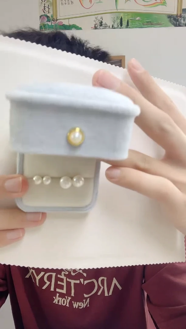 银S925镶嵌淡水珍珠耳饰6mm+8mm珍珠耳钉