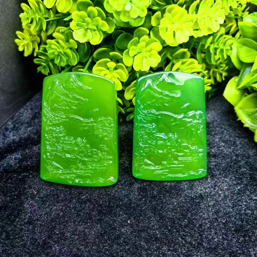 S1975【东齐珠宝】皇家苍穹翠青玛瑙绿山水牌配珠链-多样性只发一件