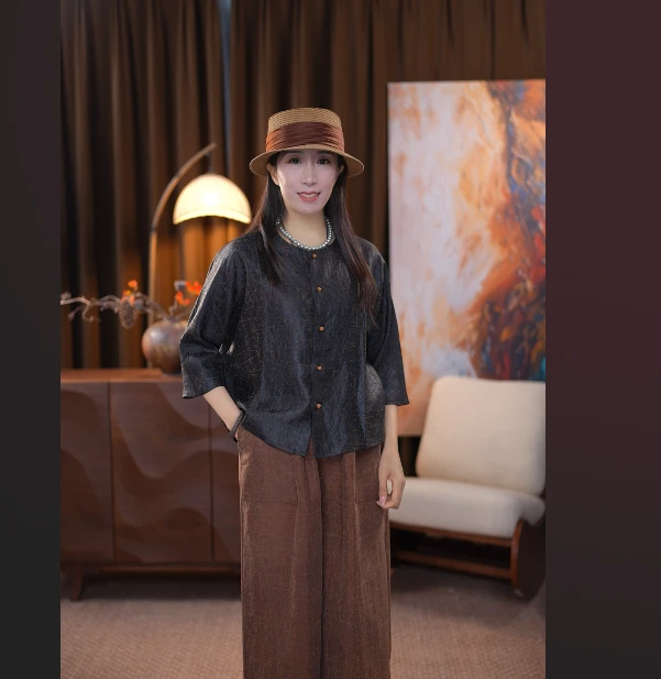 【落影】100%桑蚕丝香云纱龟裂纹上衣桑蚕丝圆领开衫七分袖女外搭