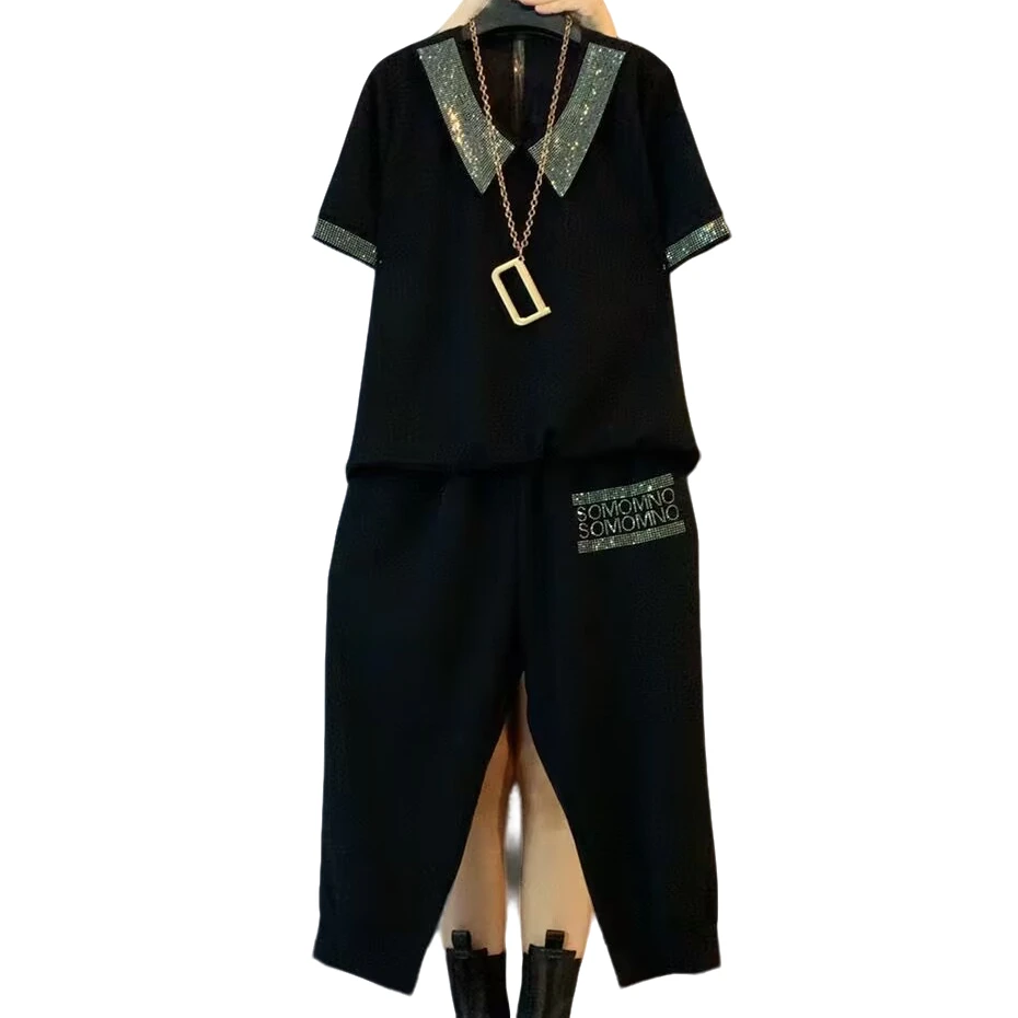 大维罗依PLL  新款大码翻领烫钻休闲显瘦套装