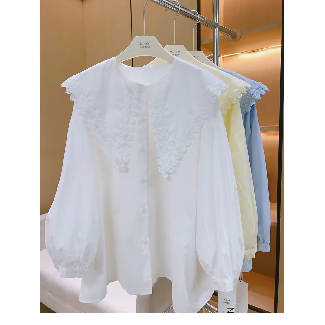 丨秋冬新款多色蕾丝花边拼接灯笼袖宽松气质衬衫  6196