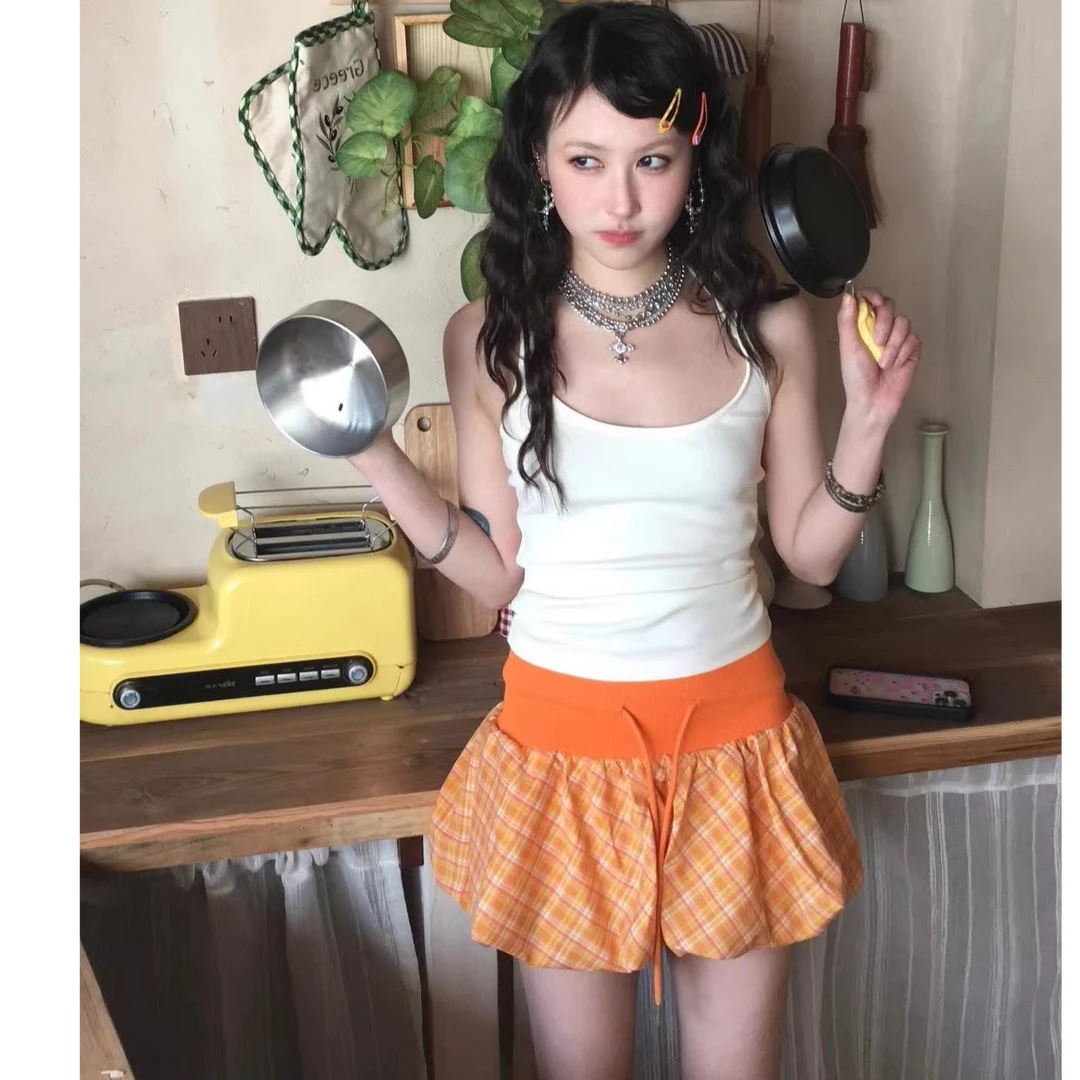 橙色格纹花苞短裙女2025夏季多巴胺甜辣妹运动绑带高腰显瘦半身裙