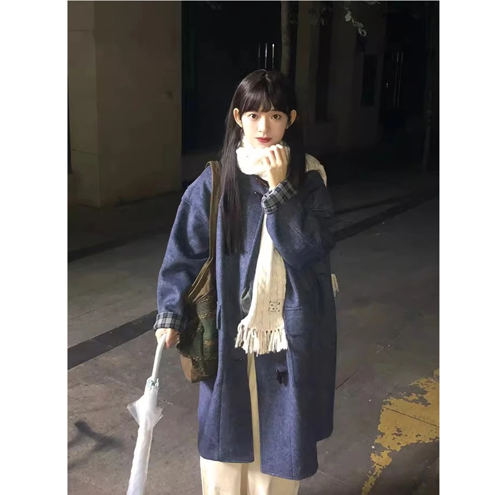 复古连帽呢子牛角扣大衣女秋冬季2025新款中长款宽松蓝色毛呢外套