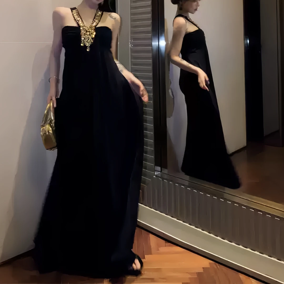 【富家千金】气质千金黑色挂脖吊带礼服裙连衣裙女装重工A字长裙