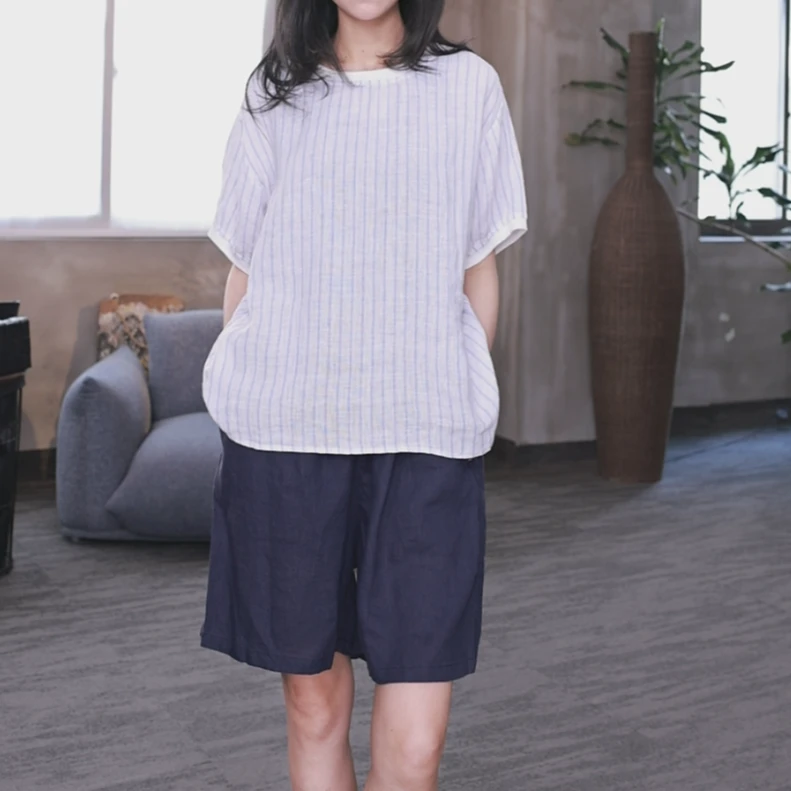 东倪MF 亚麻100超极简百搭休闲短裤松紧腰净版通勤新夏 85B99270