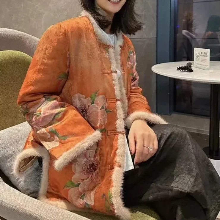 【刘家】中式圆领盘扣毛边保暖夹棉桃花印花外套