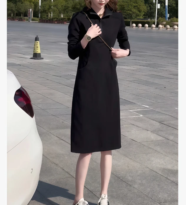 秋季新款简约气质百搭修身显瘦连帽中长款连衣裙FJ91804