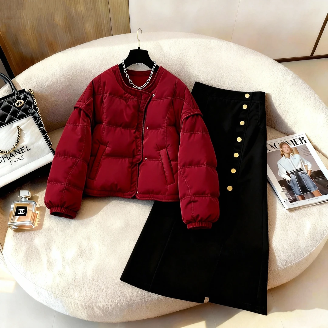 高端小资冬季新款时尚套装韩版保暖棉服洋气半身裙一整套女装爆款