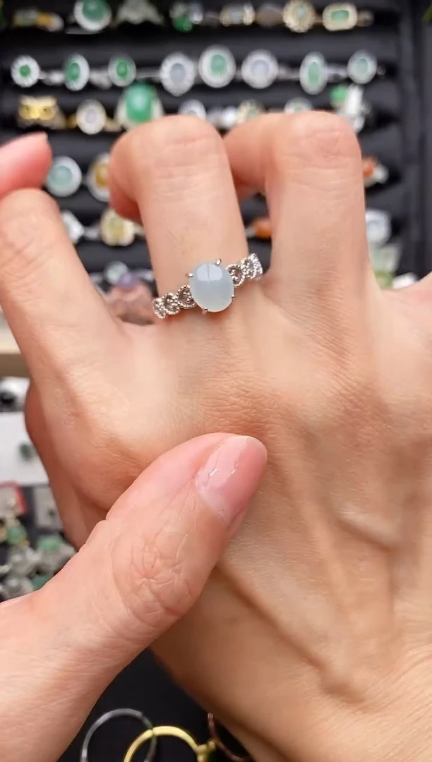 【闪购商品】翡翠戒指银S925镶嵌缅甸天然A货翡翠333   5-9