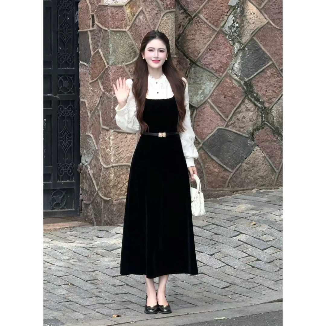 【西西里画报】LiLi赫本风假两件法式复古显瘦白拼黑连衣裙XMZH9319