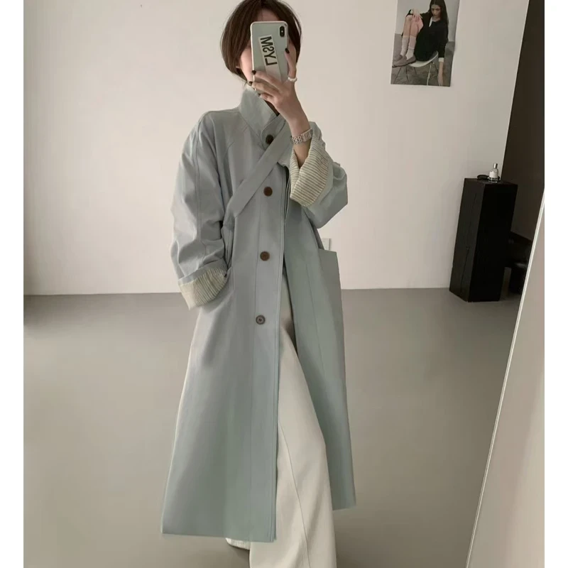 【小跑专属】新款风衣2025立领单排扣条纹翻袖中长款风衣外套女