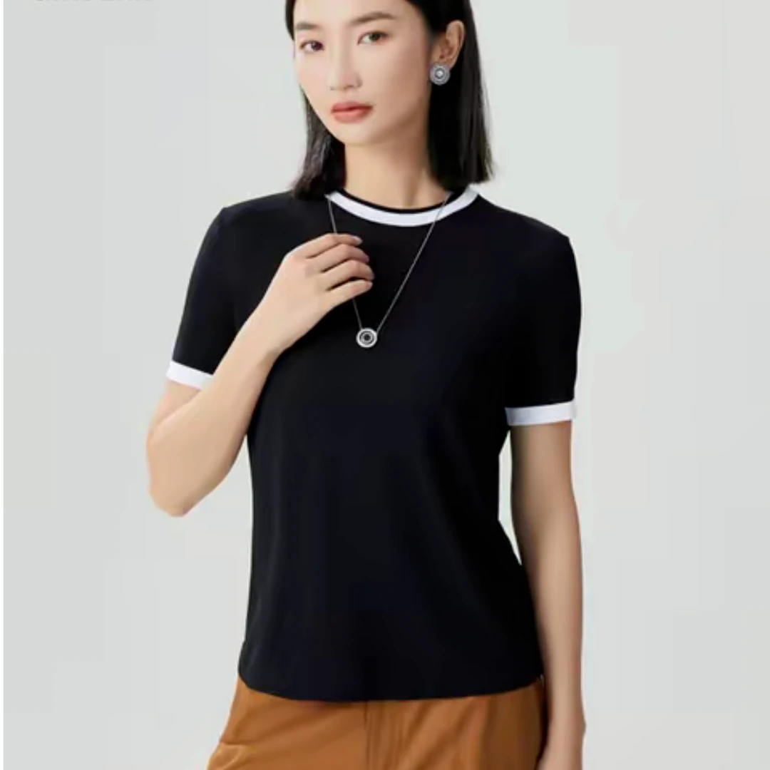 GIRDEAR/哥弟时尚显瘦百搭同心协力系列黑白拼色针织短袖1399733