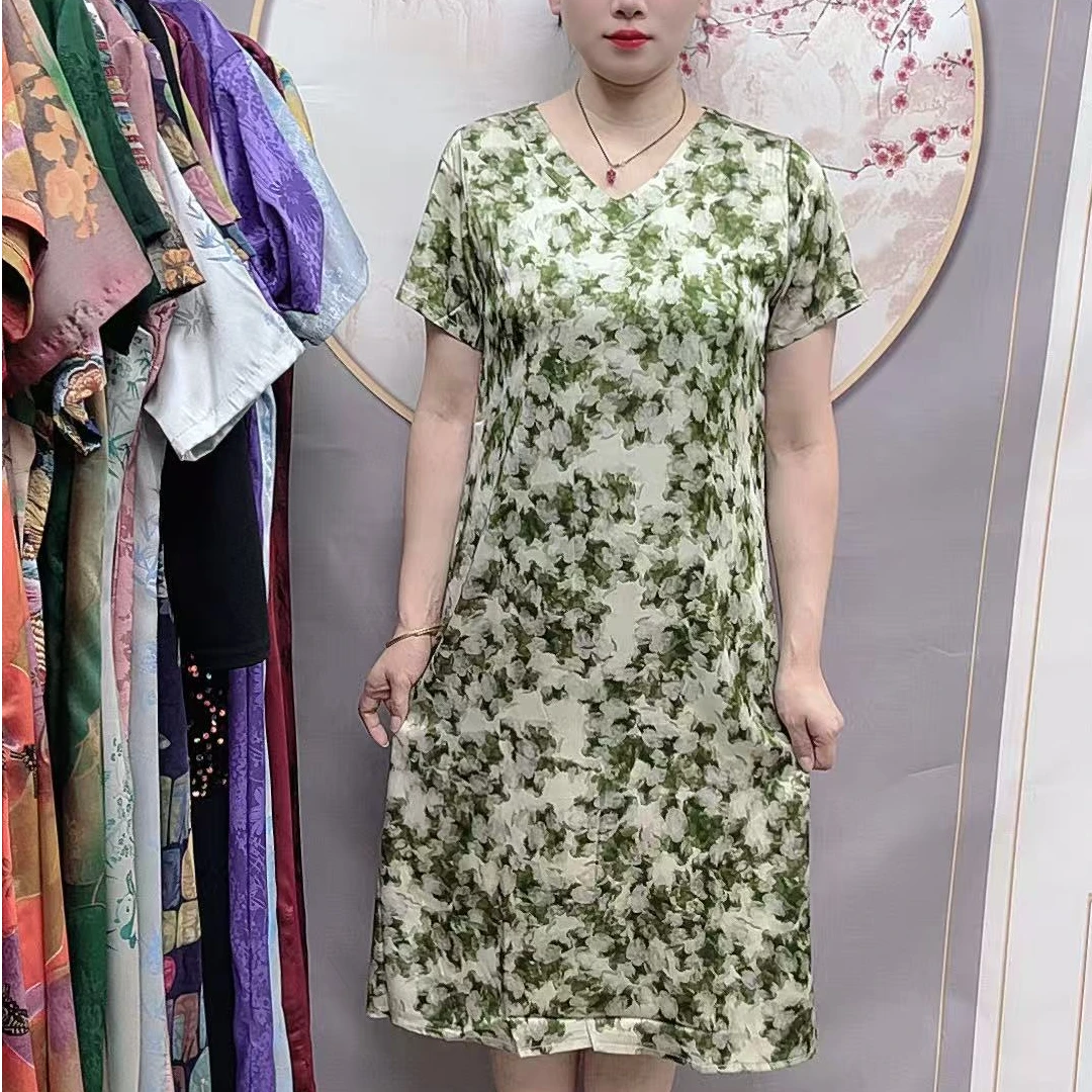 【碎花绿】2024夏季妈妈装气质短袖连衣裙洋气中老年女装宽松长裙