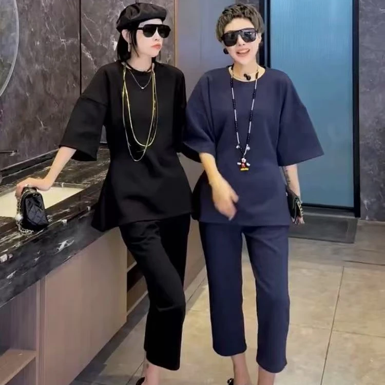 休闲运动套装女收腰显瘦短袖T恤宽松阔腿短裤夏装搭配一整套11937