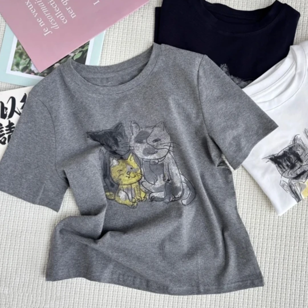 设计感卡通猫咪圆领打底短袖T恤女2025新款夏季韩版百搭修身上衣