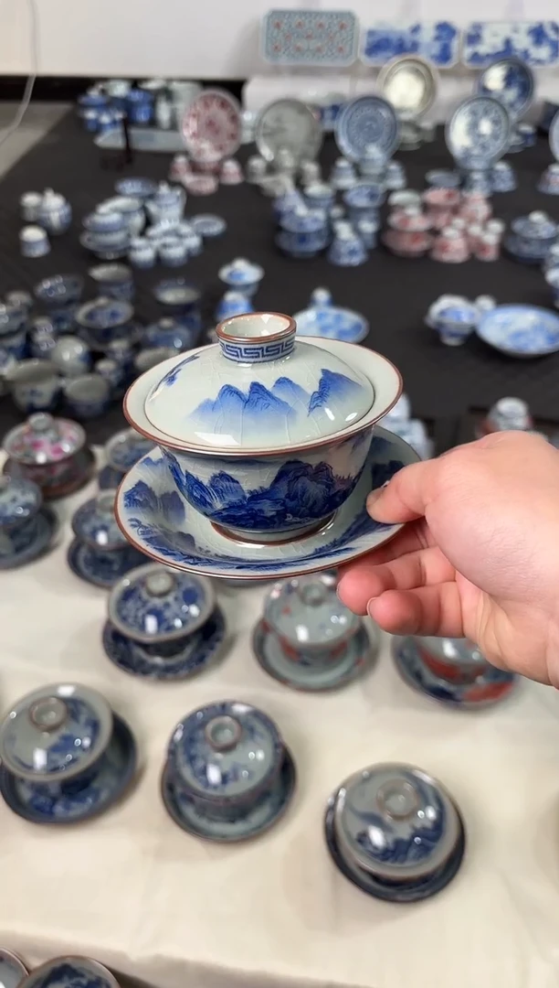 盖碗陶瓷景德镇陶瓷茶具老陶泥千里江山元宝盖碗