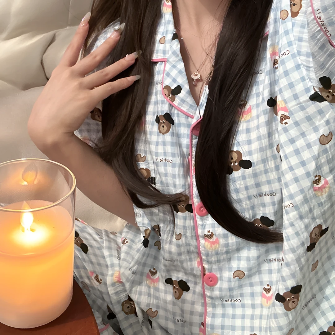 日系ins风曲奇小狗泡泡棉三件套睡衣少女夏季短袖长裤家居服套装