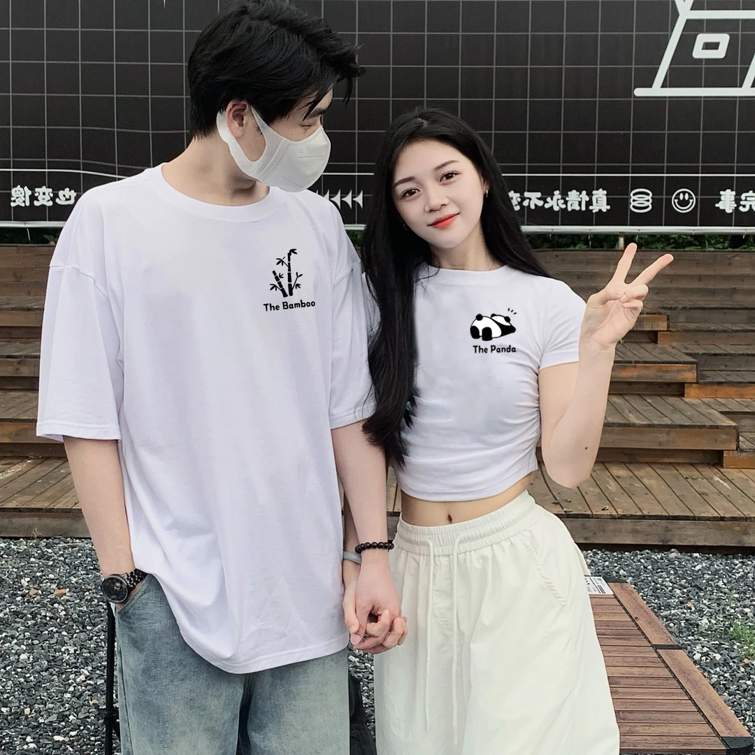 熊猫竹子情侣装夏装2025新款收腰短款T恤短袖法式高级感一长一短
