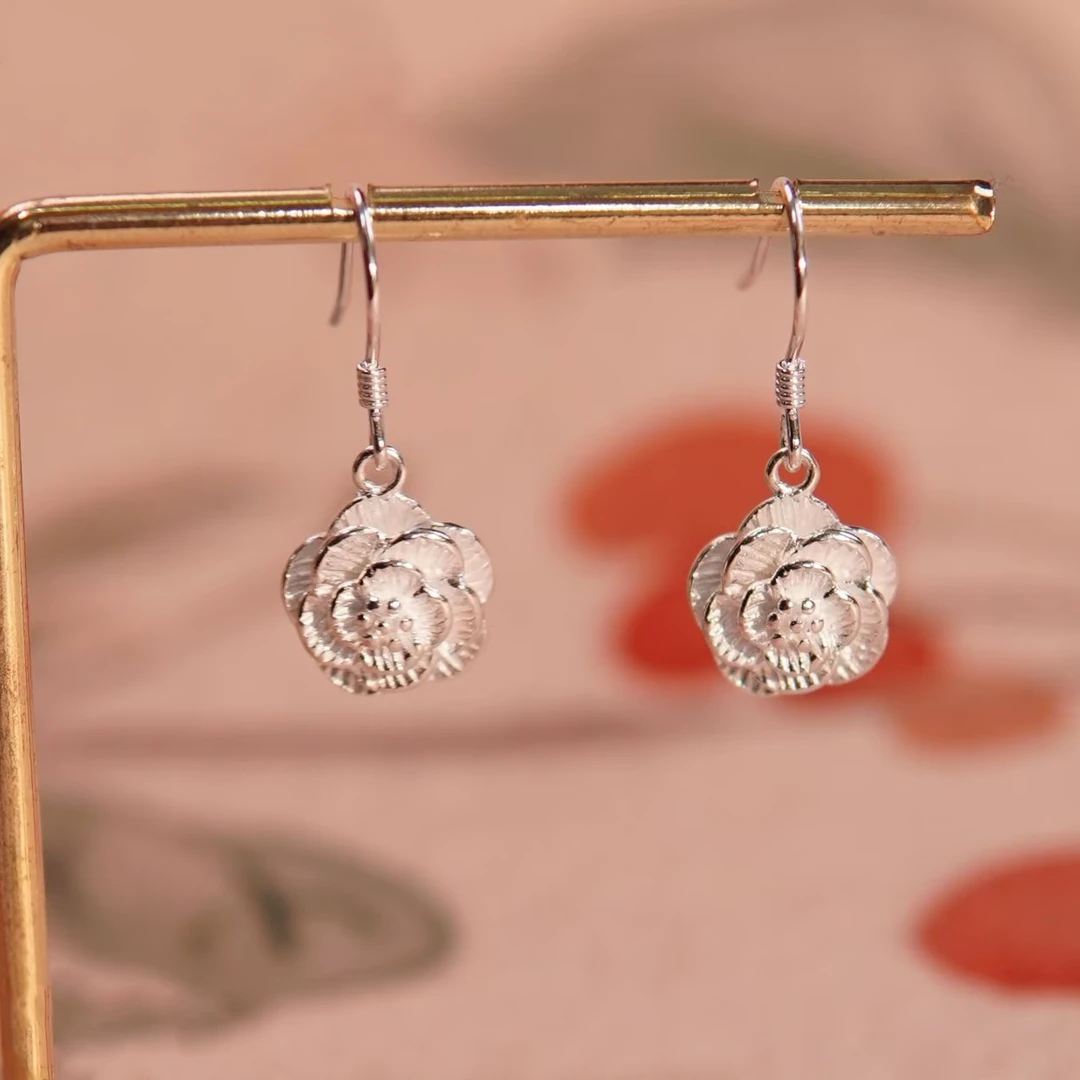 优雅精美仿生玫瑰花弯钩高档耳坠通体999银