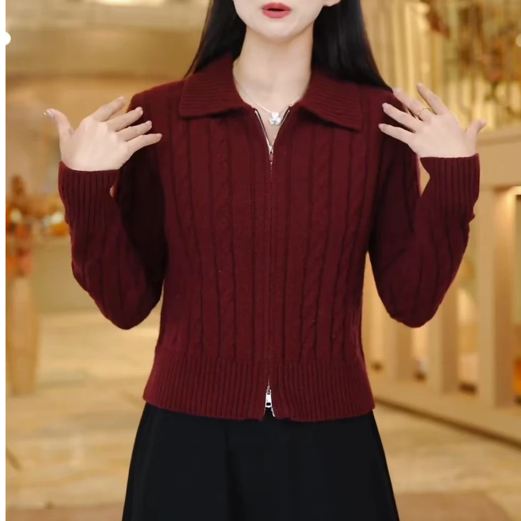 迈5】时尚方领polo领拉链衫长袖针织衫显瘦百搭