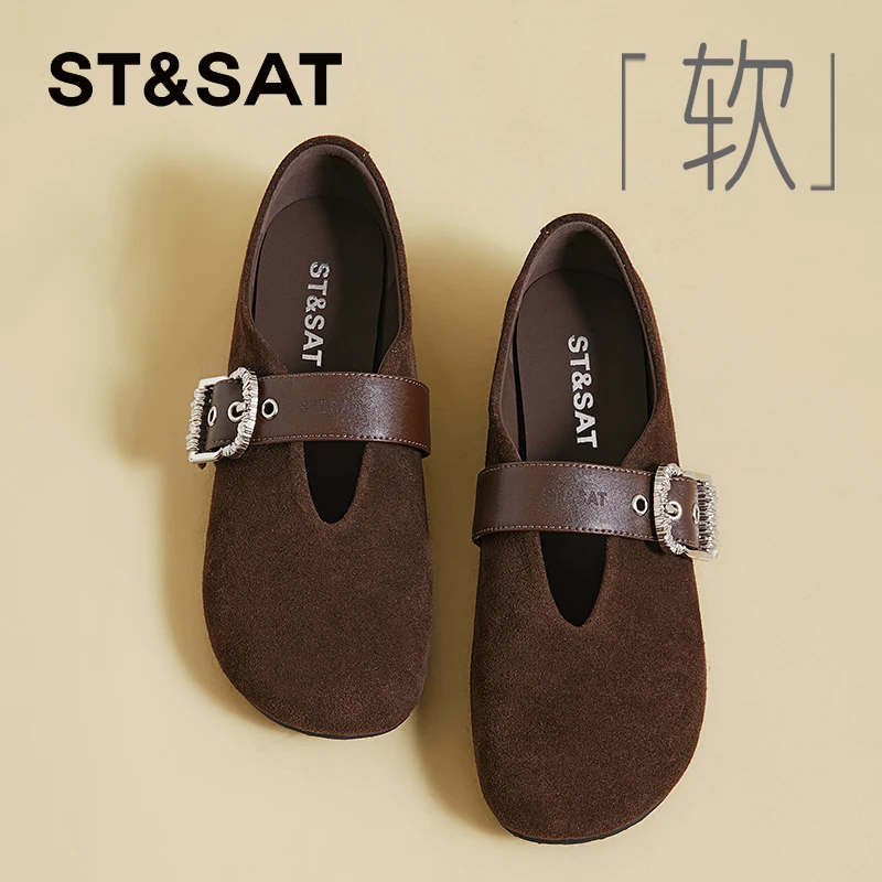 星期六真皮复古皮带扣一脚蹬勃肯鞋女秋季新款琥珀流光平底单鞋