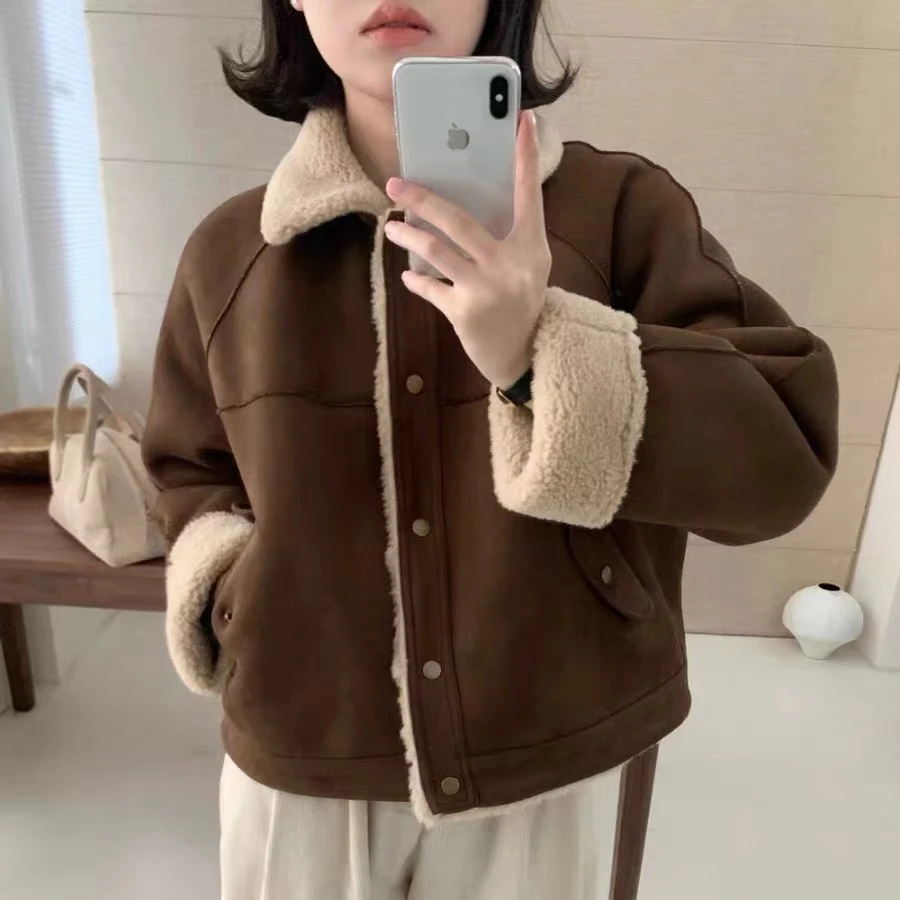 【A024】2024秋冬新款保暖加厚皮毛一体宽松夹克短款外套