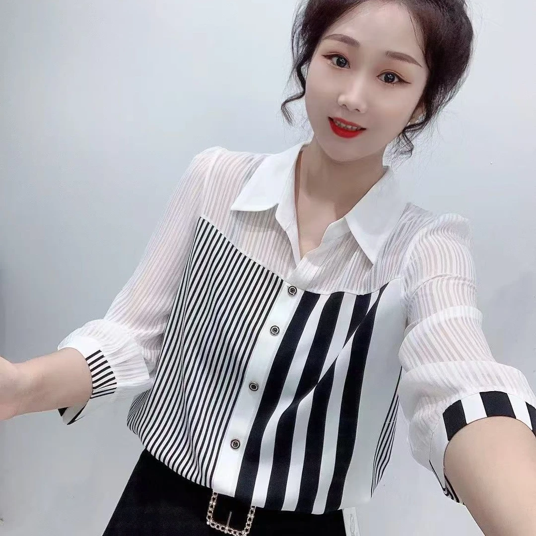 衬衫女2025春季新款洋气百搭设计感条纹拼接七分袖显瘦时尚衬衣
