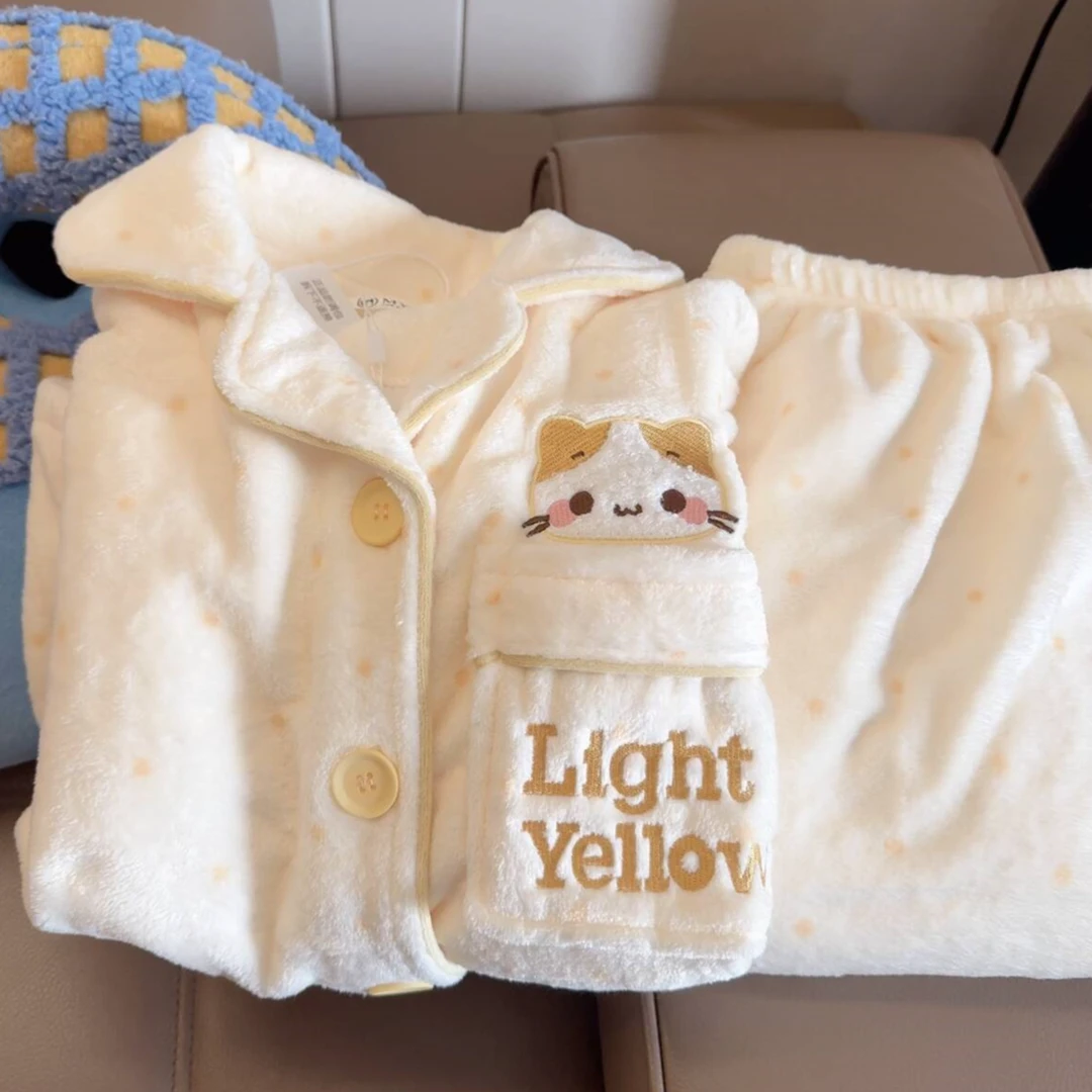 日系ins可爱卡通小猫珊瑚绒睡衣女款秋冬季法兰绒加厚加绒家居服