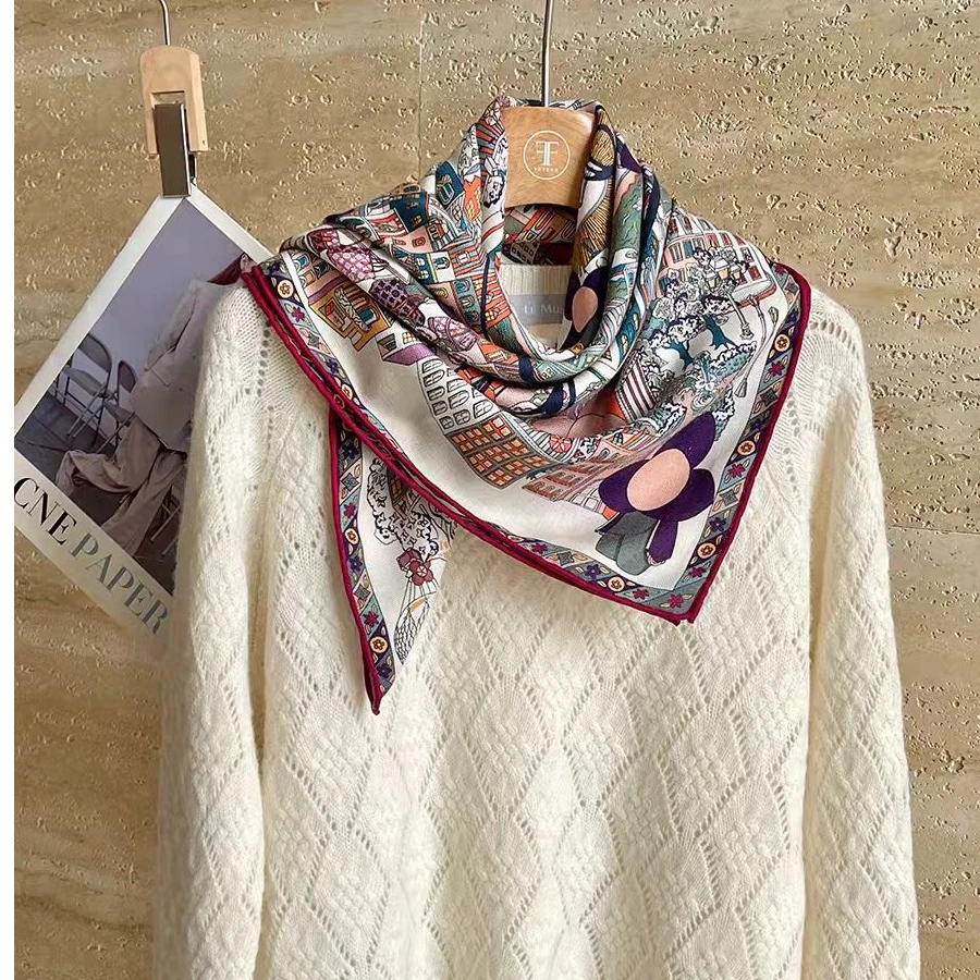 沐芽【薇薇安的旅行】85CM丝毛畅游巴黎双面时尚复古气质印花围巾