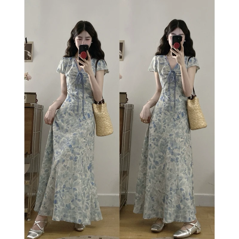 大码夏季新款A字收腰优雅气质显白蓝色印花法式短袖中长连衣裙仙
