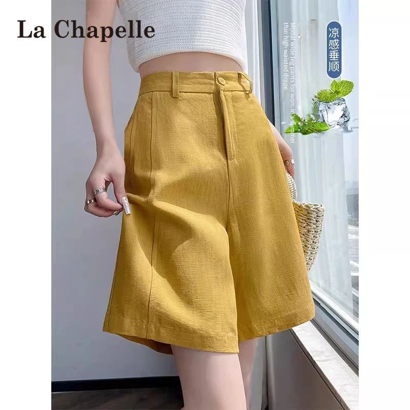 拉夏贝尔棉麻冰丝五分裤女夏季今年流行爆款a字西装阔腿亚麻短裤