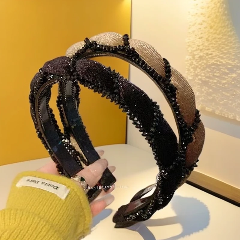 新款轻奢高级感水晶编织麻花头箍 经典时尚气质带齿防滑发饰