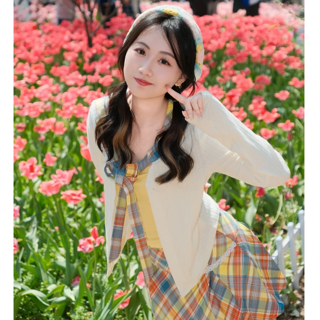 韩系辣妹套装女2025春季新款假两件长袖开衫彩色格纹百褶a字短裙