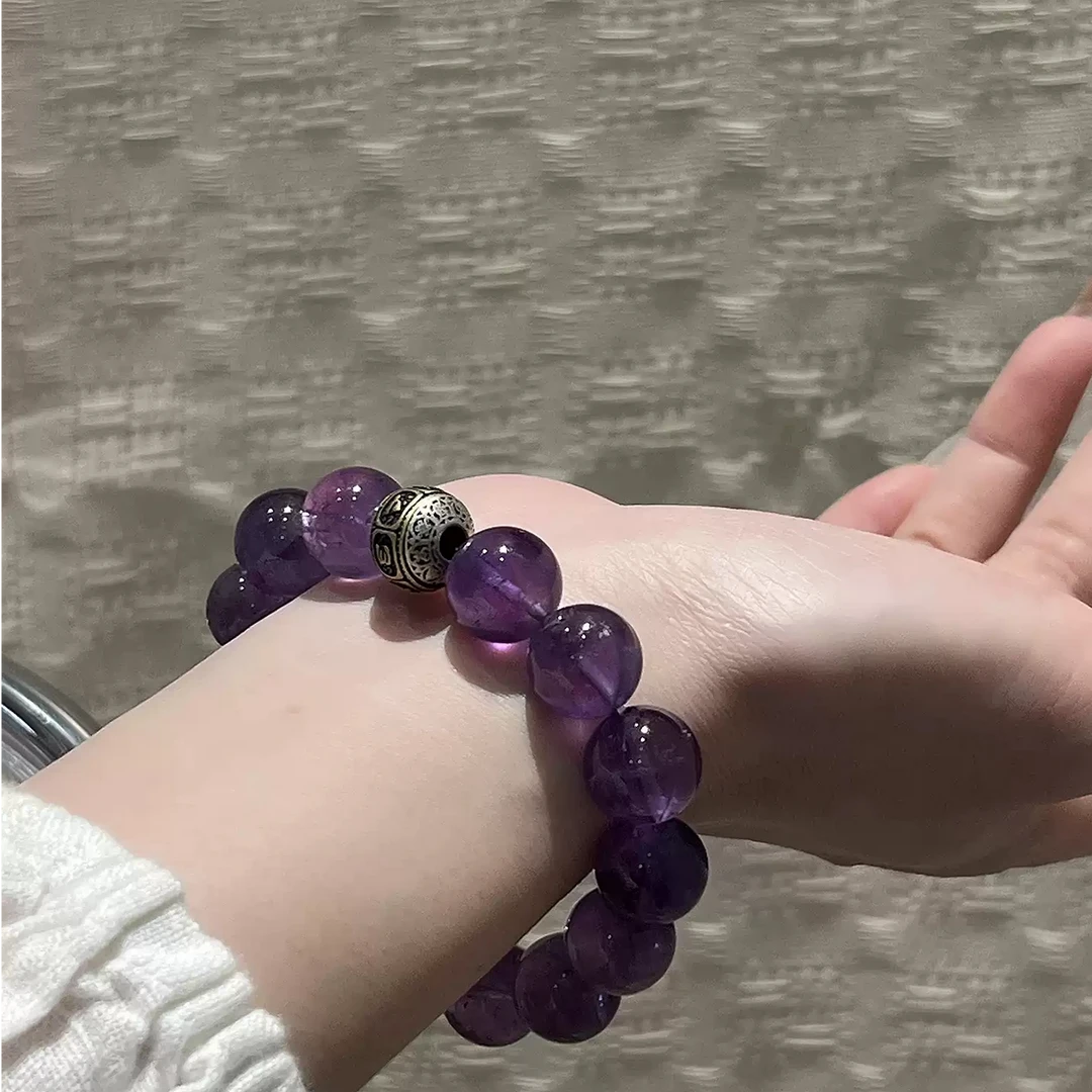 S10980<非晚>S925银紫水晶圆珠六字真言隔珠时尚气质百搭弹力手串