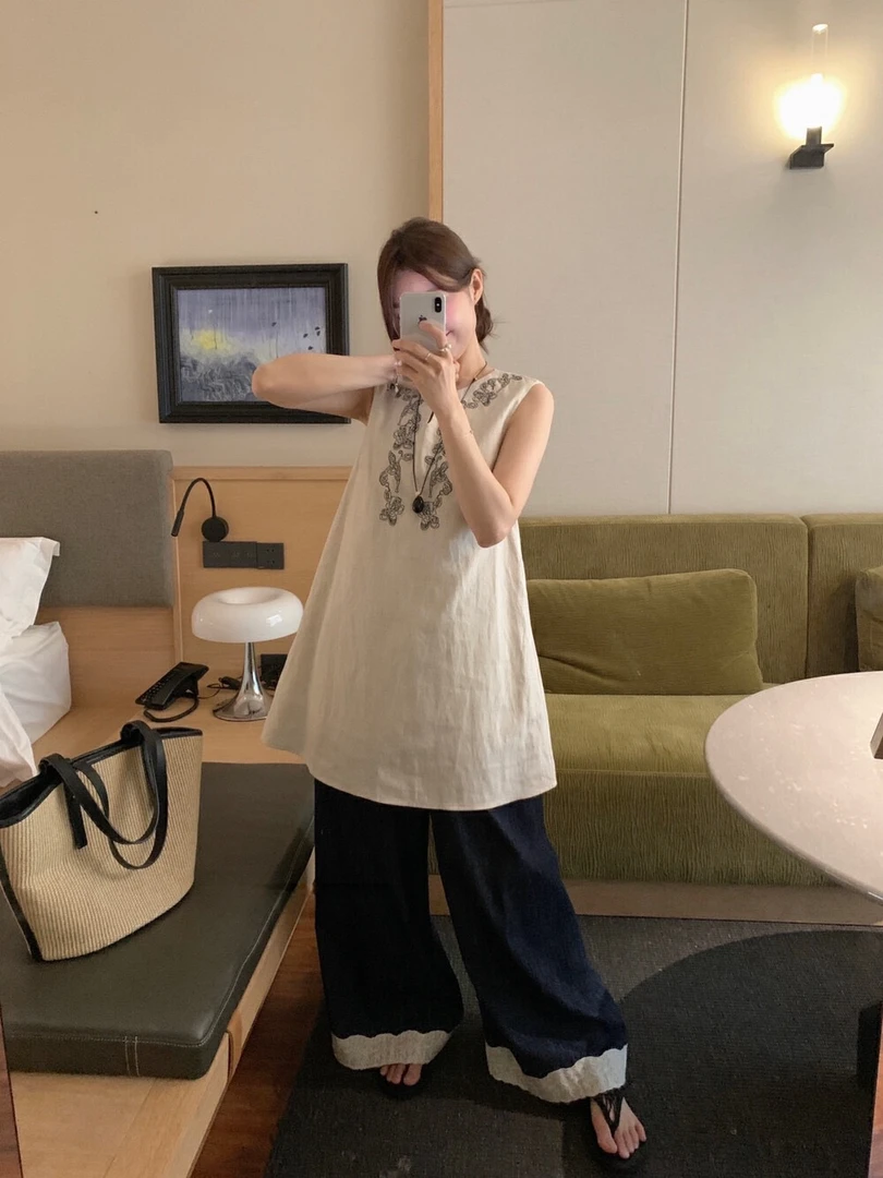2025夏季新款女禅意气质刺绣连衣裙背心上衣高腰显瘦垂感阔腿长裤