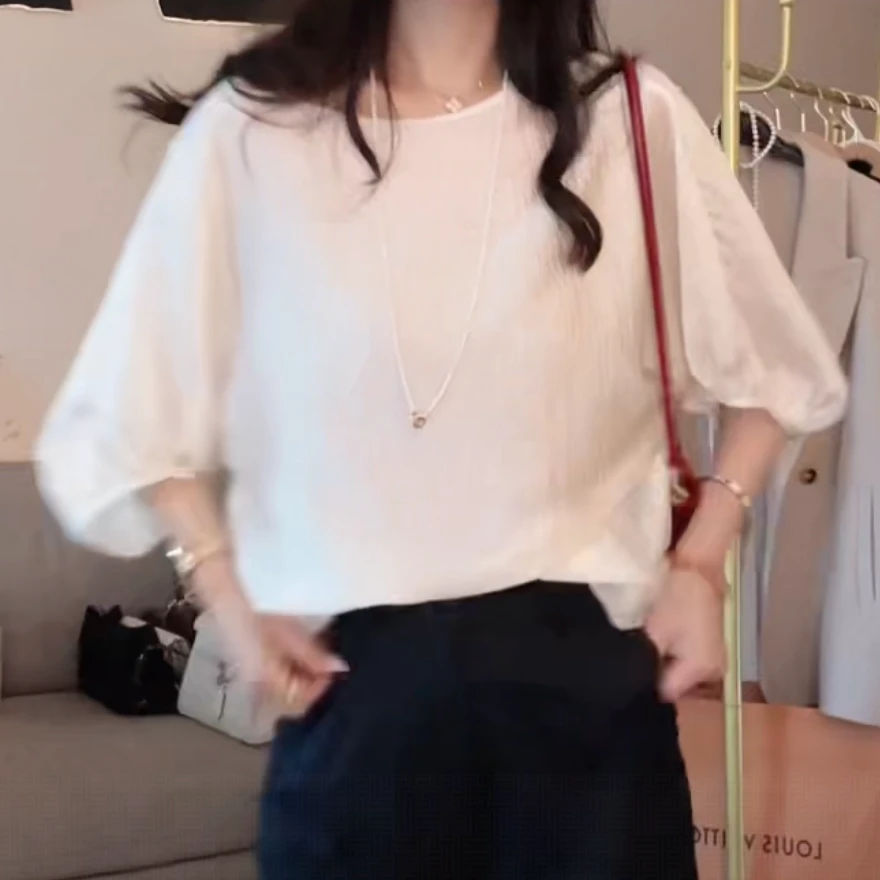 简约洋气时尚百搭高级感上衣女2025夏季新款休闲宽松圆领防晒罩衫