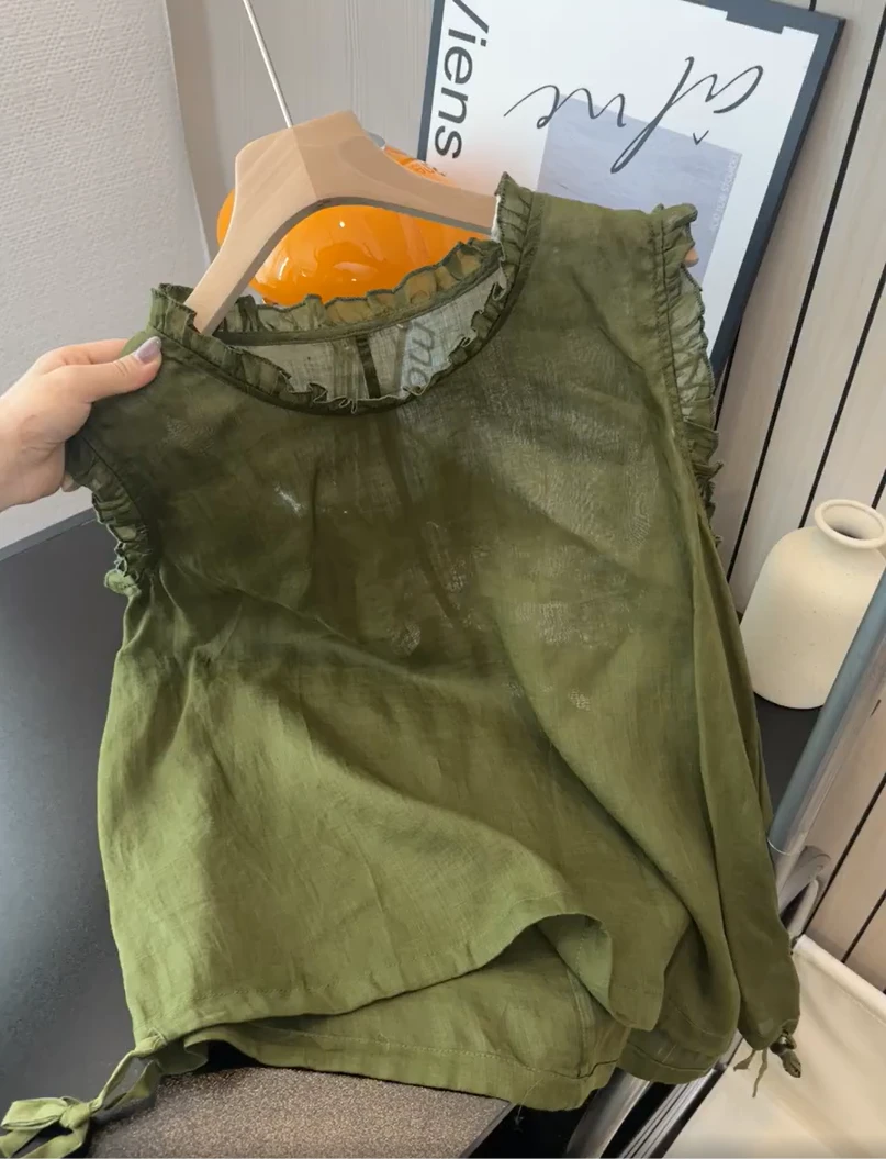 夏季木耳领宽松凉快背心洋气复古通勤百搭搭舒适文艺无袖上衣女