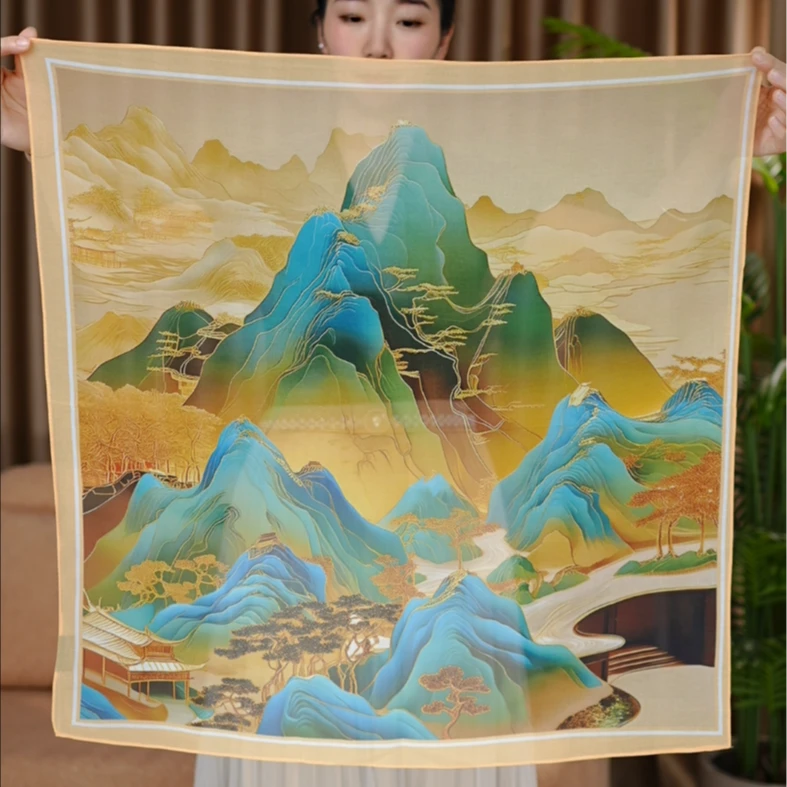 千里江山薯莨雪纺丝巾70x70