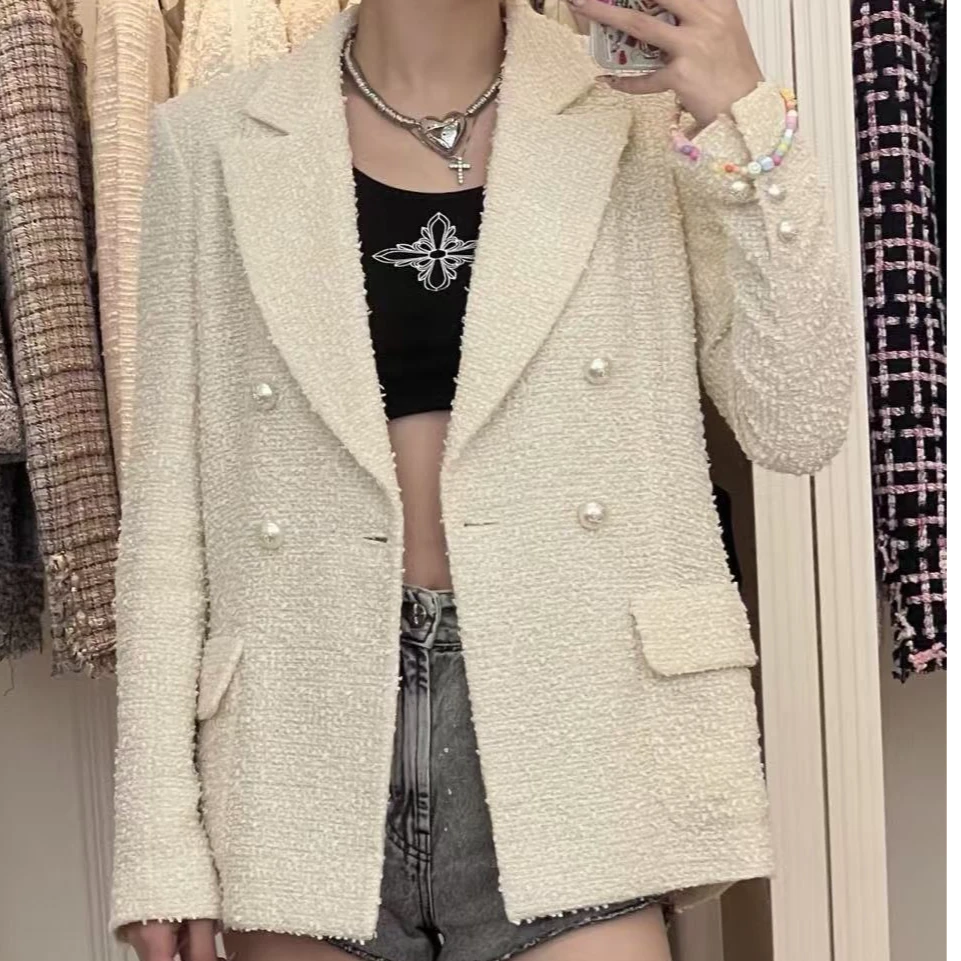 99新 Chanel/香奈儿 米白色粗花呢珍珠扣西装/f42/编号429