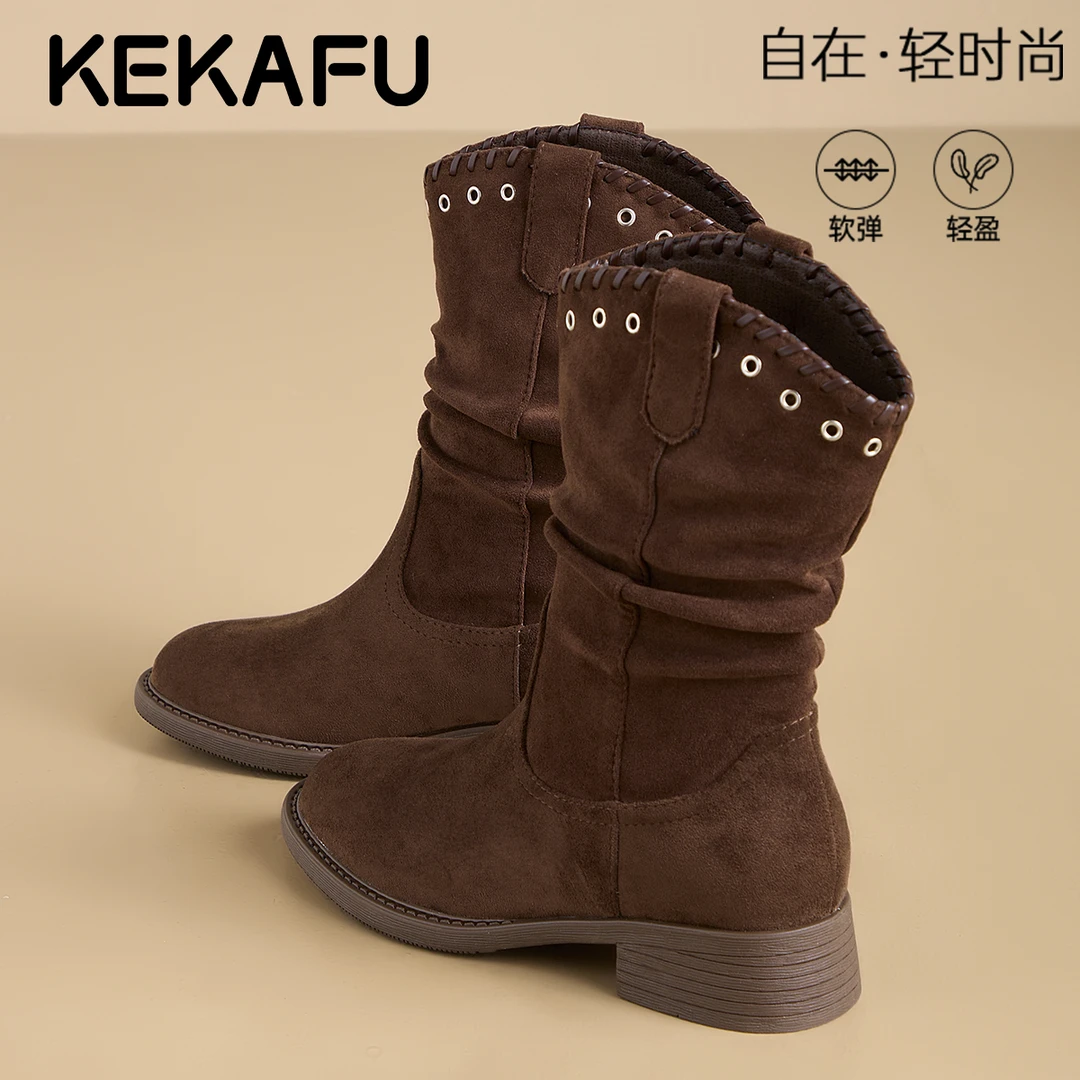 珂卡芙复古圆头粗跟马丁靴子女2025新款冬季美拉德堆堆靴牛仔短靴