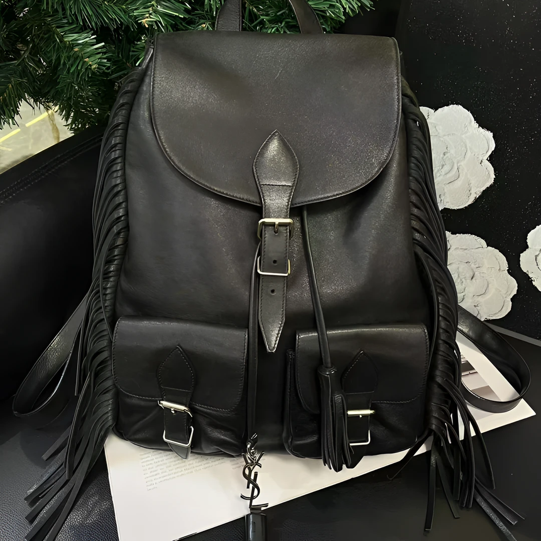 95新 YSL/圣罗兰 黑银流苏双肩包R4231