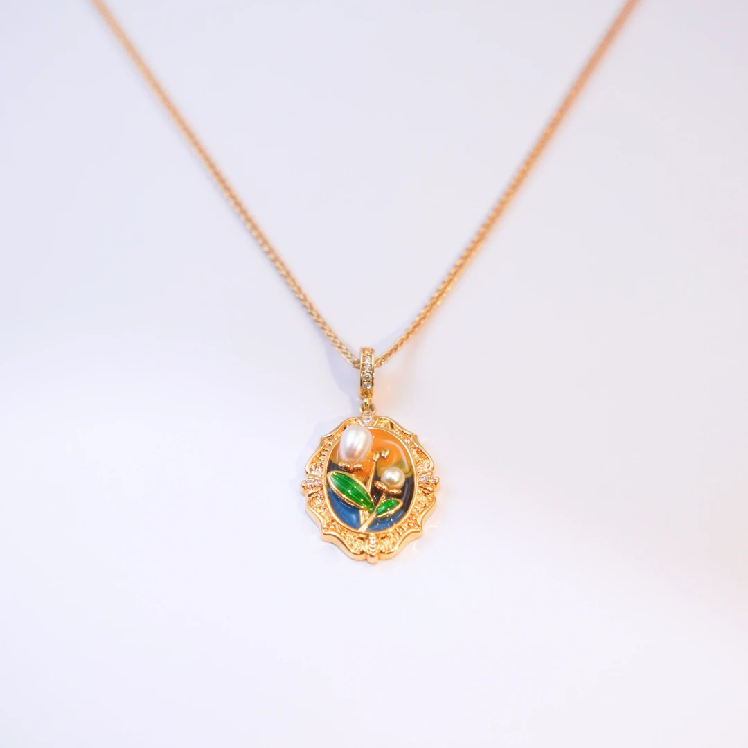 铜合金合成锆石项链 莫奈油画风复古植物纹吊坠项链链子金色颈饰