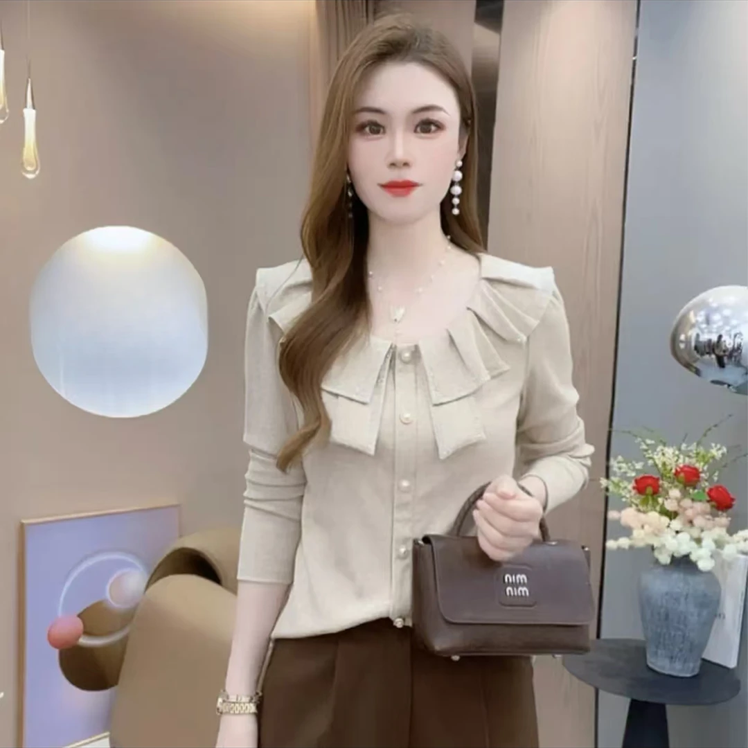 拉夏贝尔时尚设计感长袖T恤女2025秋季新款显瘦减龄娃娃领上衣潮