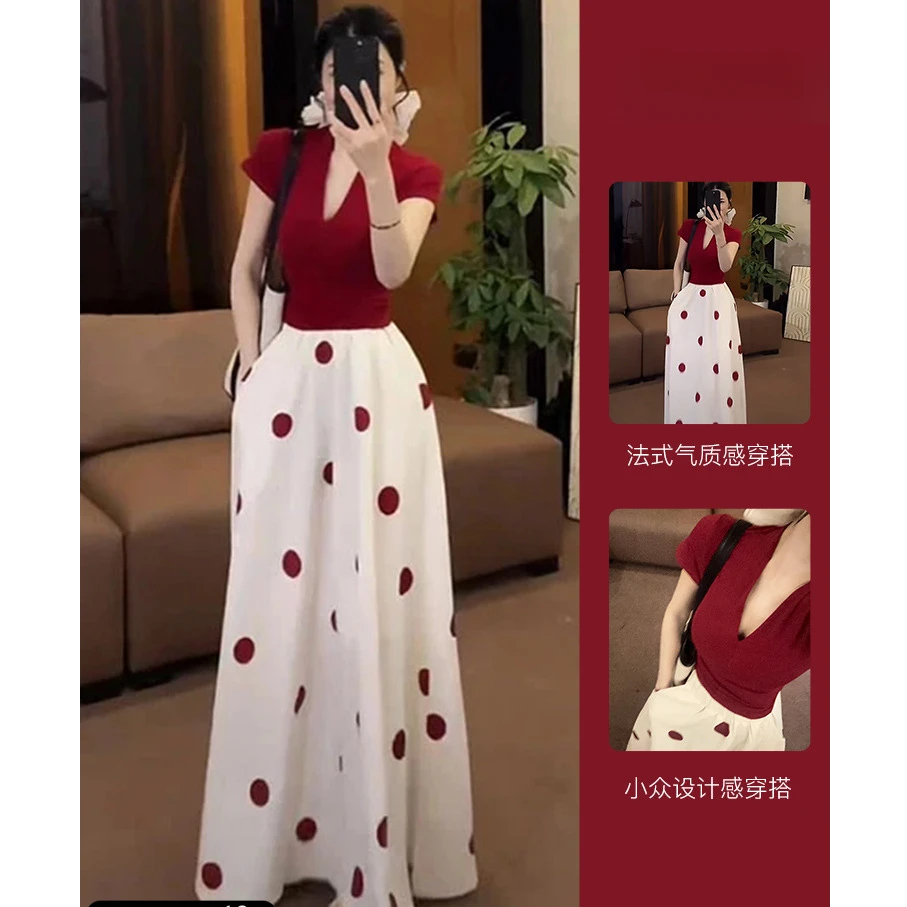 2025超火法式时尚套装夏季V领上衣高腰波点半身裙独特绝美两件套