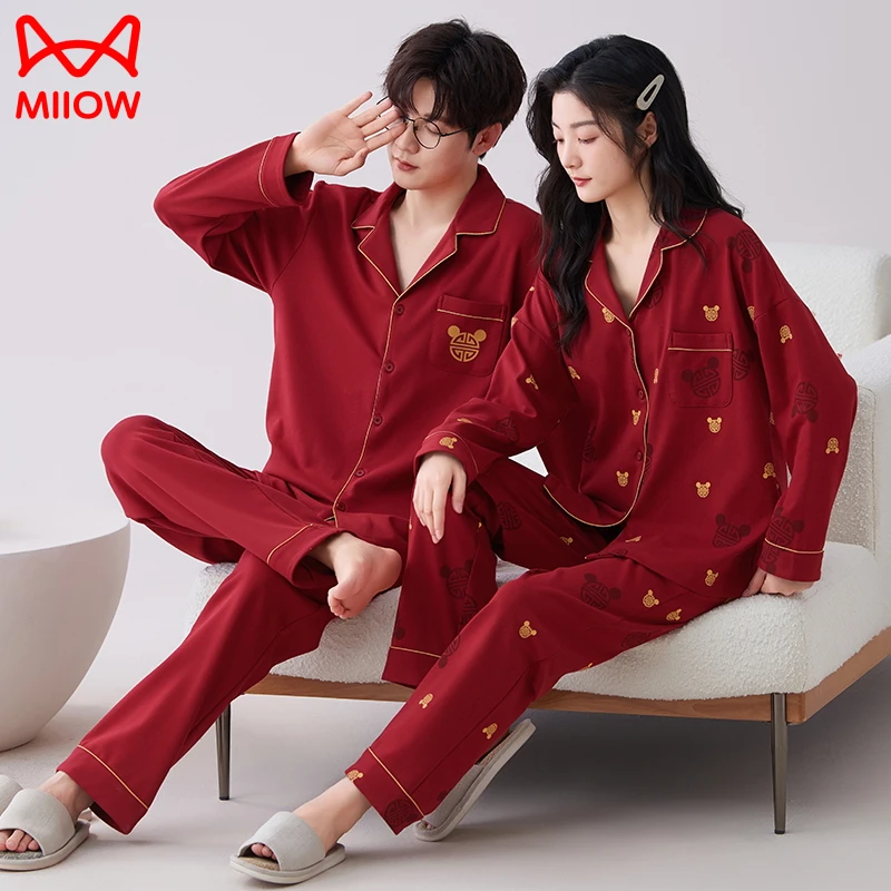 猫人纯棉大红色睡衣结婚新婚情侣套装圆领2025年蛇年本命年家居服