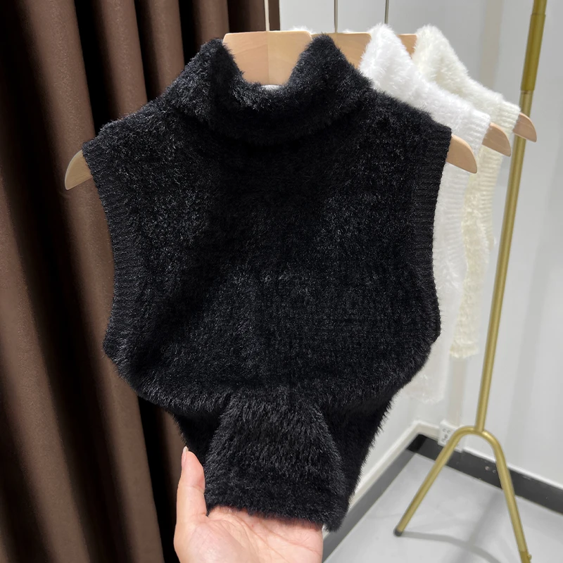水貂绒堆堆领保暖无袖背心秋冬毛茸茸亲肤女士内搭时尚百搭上衣