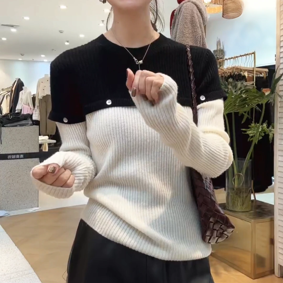 秋冬韩系复古圆领修身百搭撞色显瘦气质长袖针织时尚女LK2509200