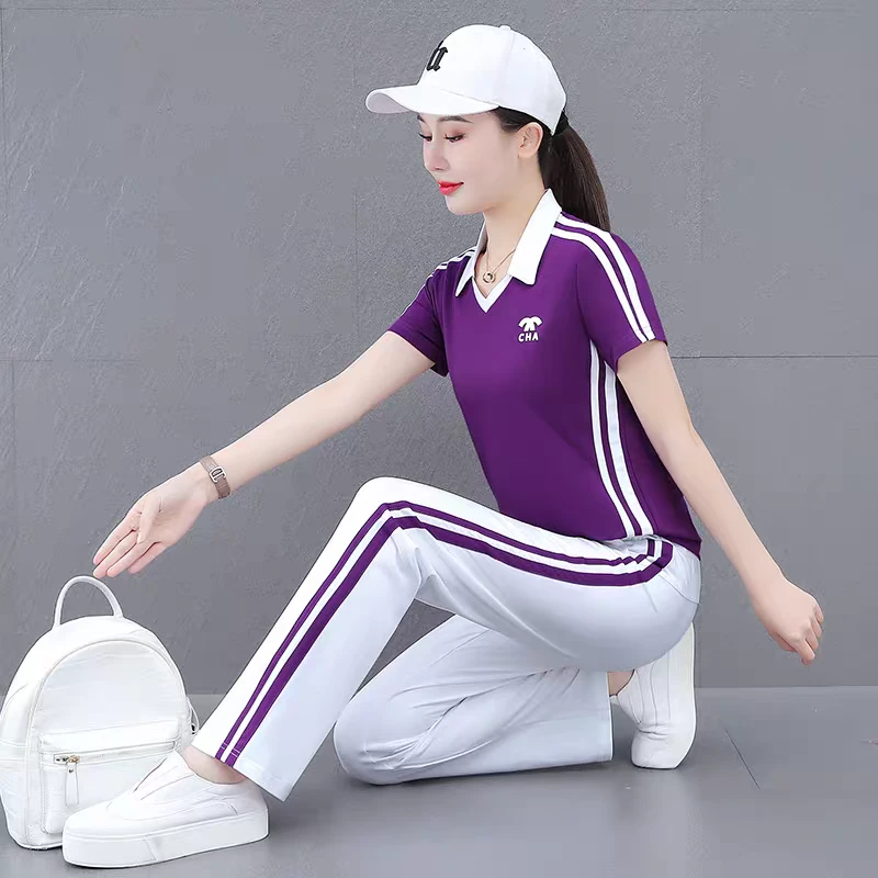 百搭显瘦翻领短袖两件套2025夏季新款韩版女时尚休闲宽松运动套装