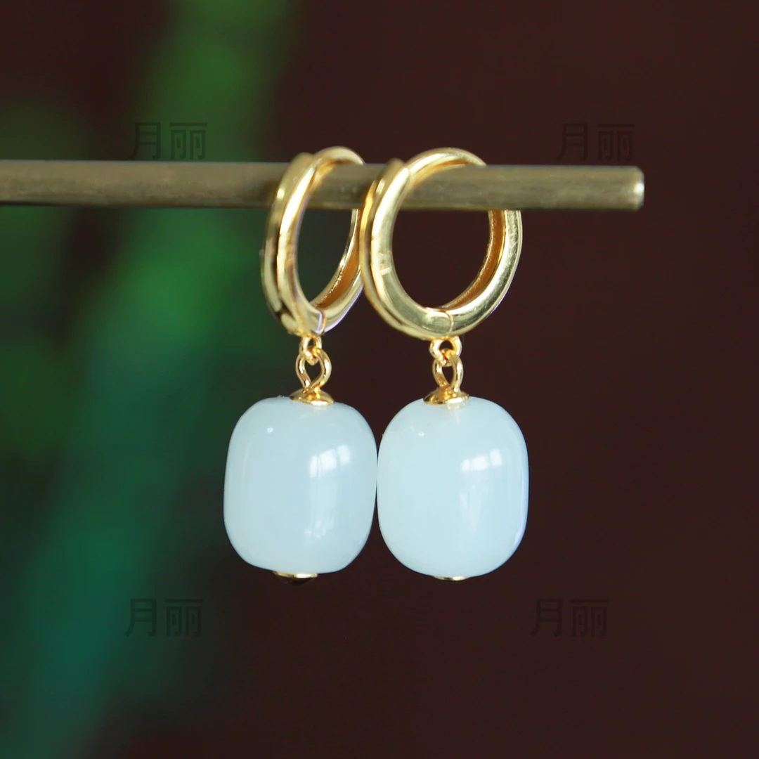 （品质之选羊脂玉）天然和田玉耳扣耳坠S925银桶珠耳饰精致耐看气质